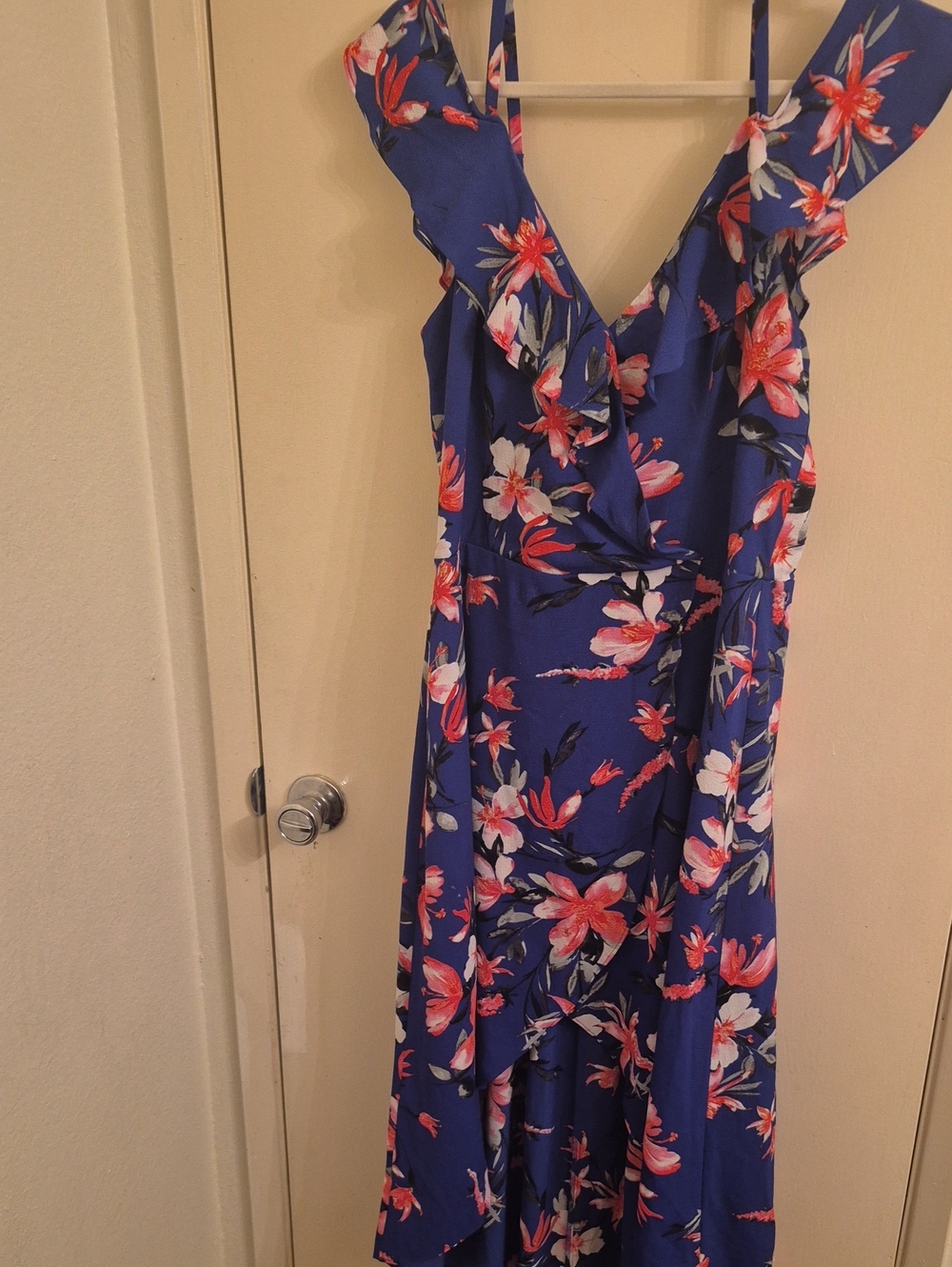 Iz Byer Blue Maxi Dress with Pink & White Floral Print